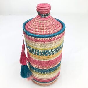 All Across Africa Handmade Colorful Woven Coil 11” Lidded Tassel Basket Canister